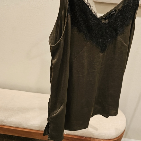 Express Olive Green top w/ Black Lace Trim - Picture 3 of 10